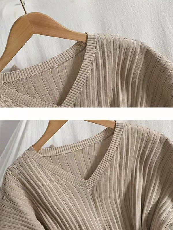Loose Raglan Sleeve Solid Color V-Neck Sweater Top + Pants Two Pieces Set