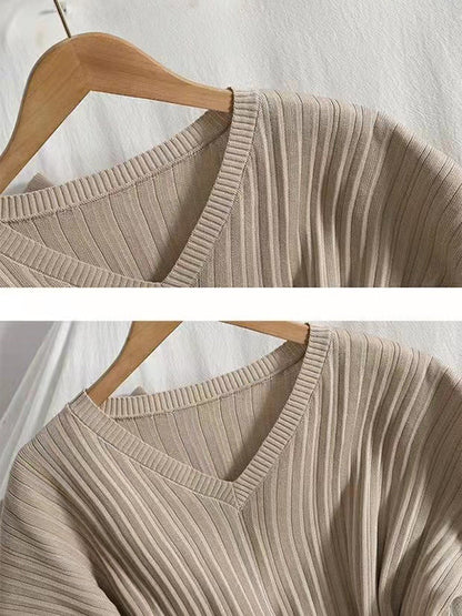 Loose Raglan Sleeve Solid Color V-Neck Sweater Top + Pants Two Pieces Set