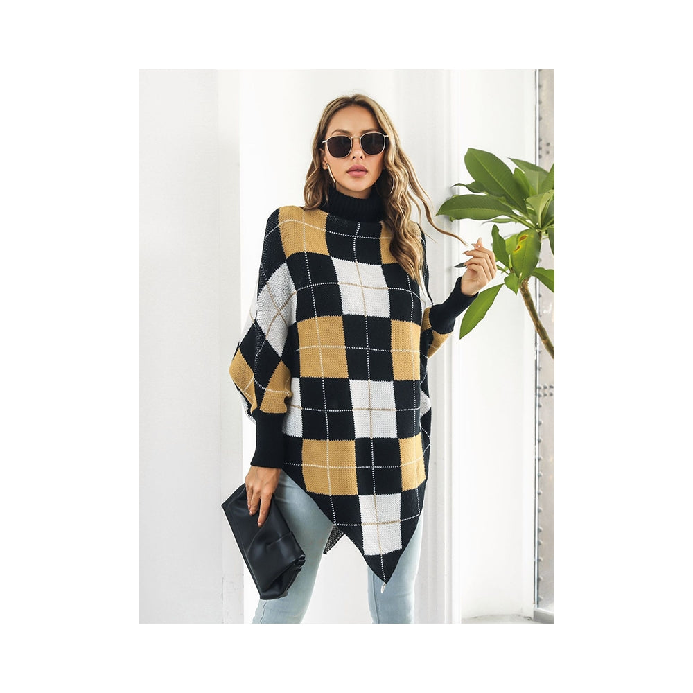 Casual Loose Batwing Sleeves Checkerboard High-Neck Sweater Tops