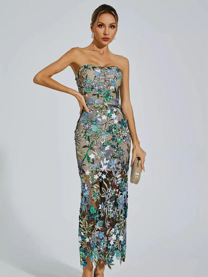 Mila Blue Flower Embroidered Midi Dress