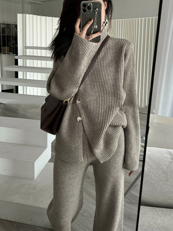 Casual Loose Solid Color Half Turtleneck Sweater Tops & Wide Leg Pants Suits