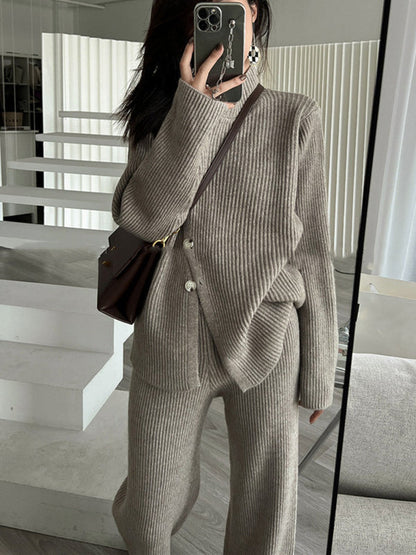 Casual Loose Solid Color Half Turtleneck Sweater Tops & Wide Leg Pants Suits