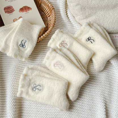 Winter Plush Solid Color Bow Embroidery Crew Socks