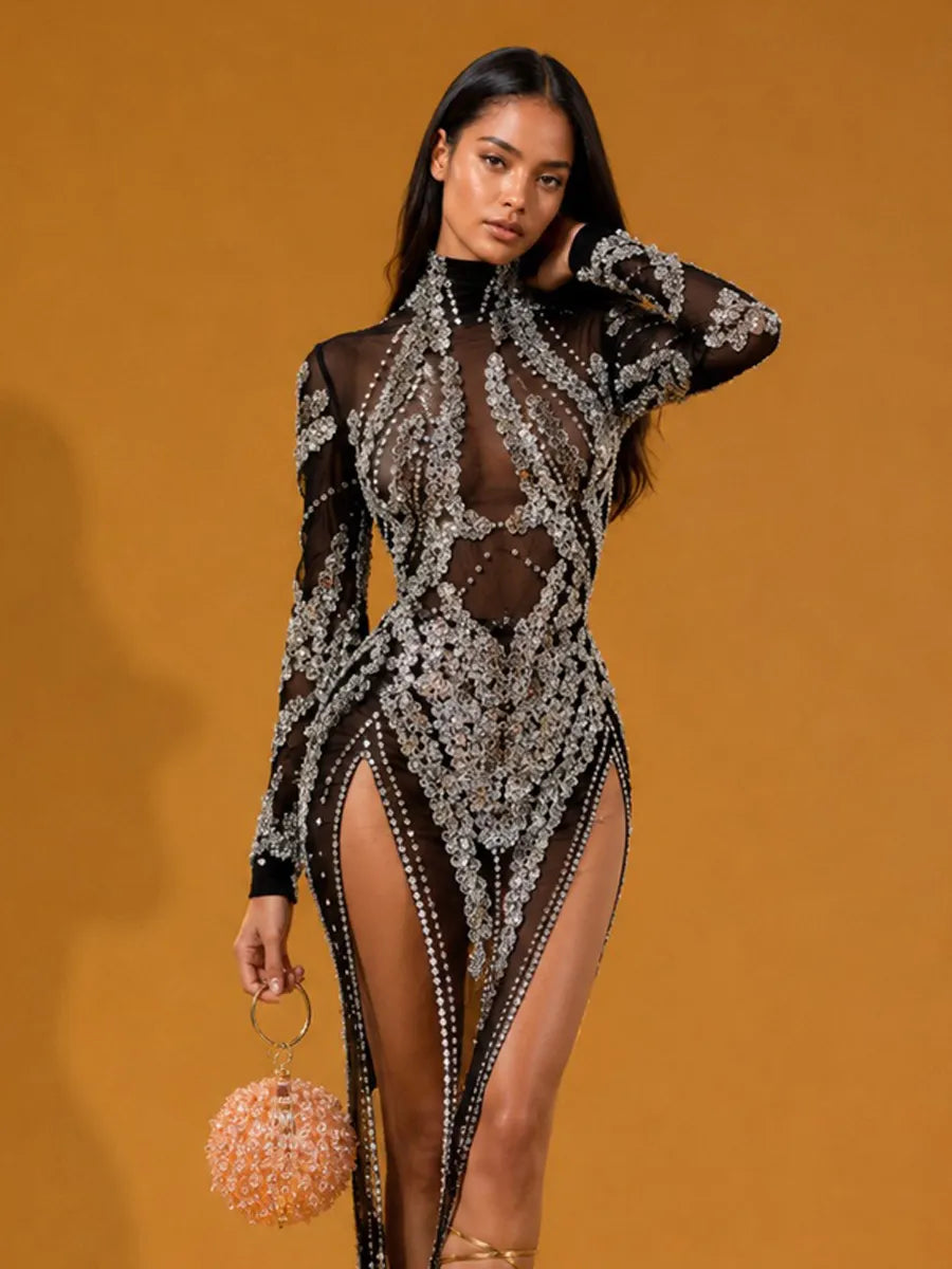 Jazlyn Rhinestone & Sequin Mesh Long-Sleeve Maxi Dress In Black