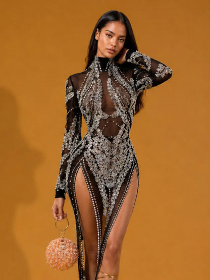 Jazlyn Rhinestone & Sequin Mesh Long-Sleeve Maxi Dress In Black