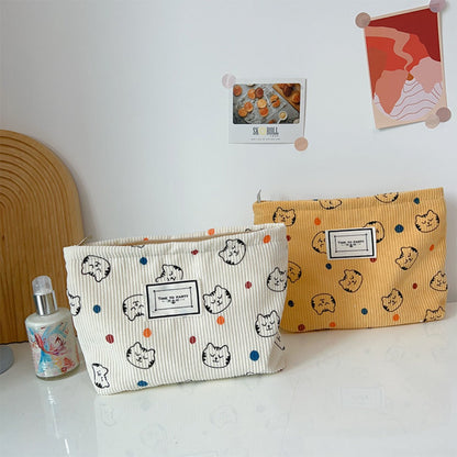 Cosbai - Corduroy Cat and Polka Dot Print Makeup Bag