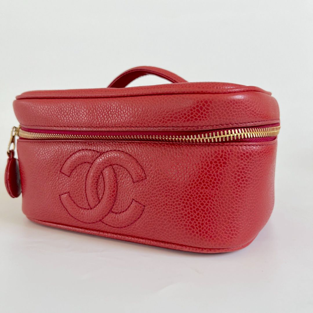 Chanel Red Caviar Leather Vanity Vintage Top Handle Bag