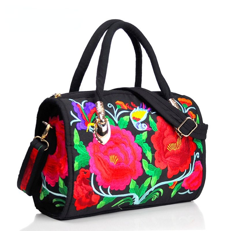 Ethnic Style Embroidered Portable Cross-Body Drum Bag Canvas Embroidered Cloth Bag Travel One-Shoulder Portable Women'S Bag
