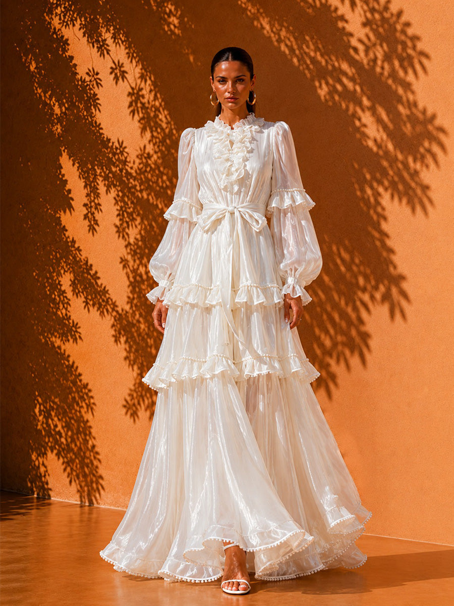 Aurora Vacation-Style Tiered Maxi Dress with Lace Trim In White