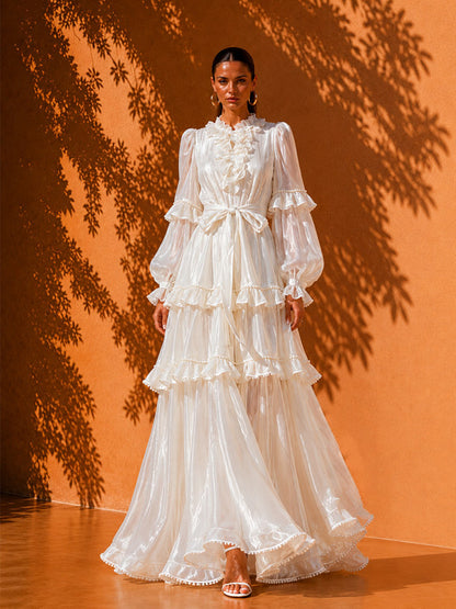 Aurora Vacation-Style Tiered Maxi Dress with Lace Trim In White