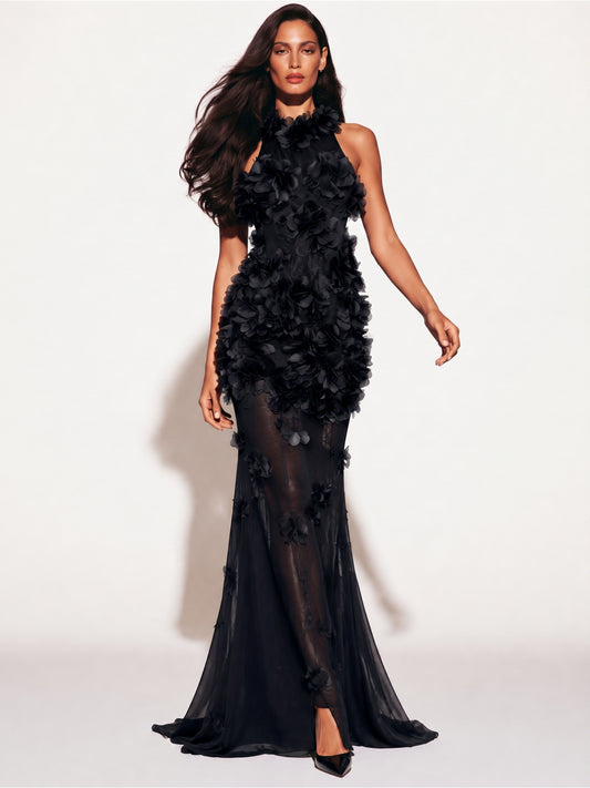 Lila 3D Floral Detail High-Slit Maxi Dress In Black