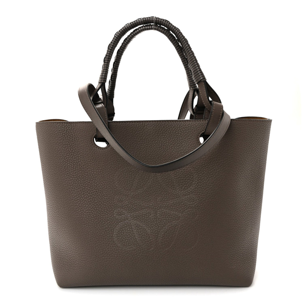 Grained Calfskin Small Anagram Tote Dark Taupe