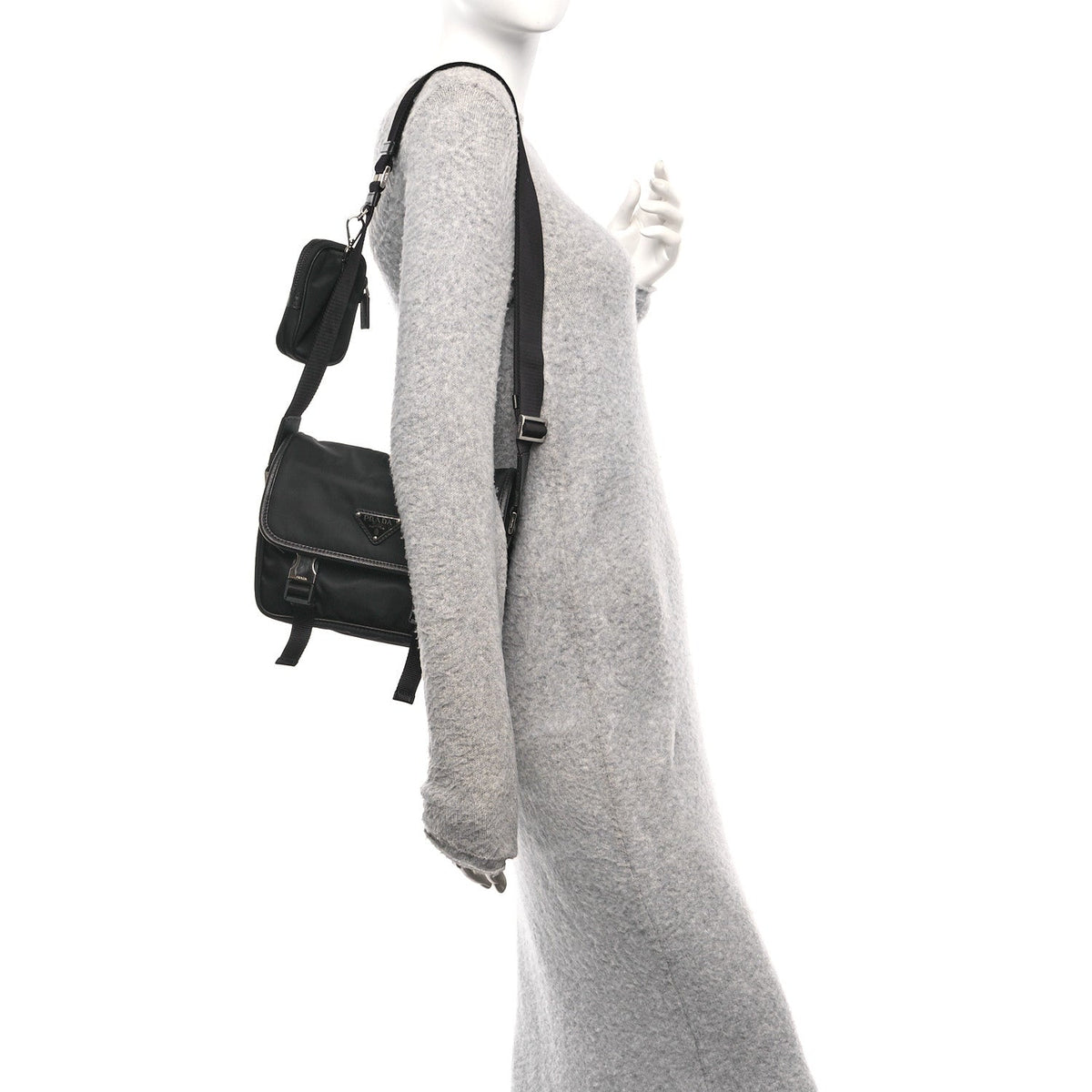 Re-Nylon Saffiano Pocket Double Snap Buckle Messenger Shoulder Bag Black