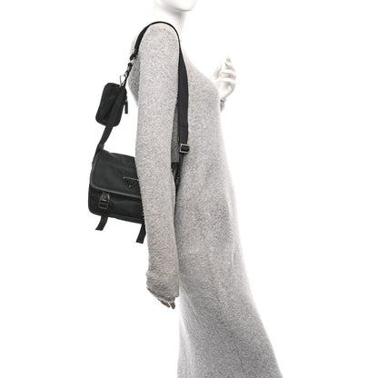 Re-Nylon Saffiano Pocket Double Snap Buckle Messenger Shoulder Bag Black