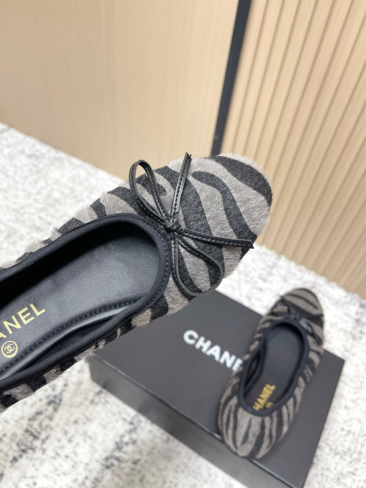 Chanel 26 Tiger Print Gray Black Ballet Flat in Sheepskin Wool 591375