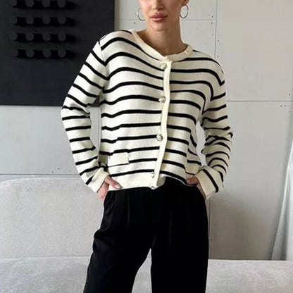 Round Neck Striped Long Sleeve Knit Cardigan