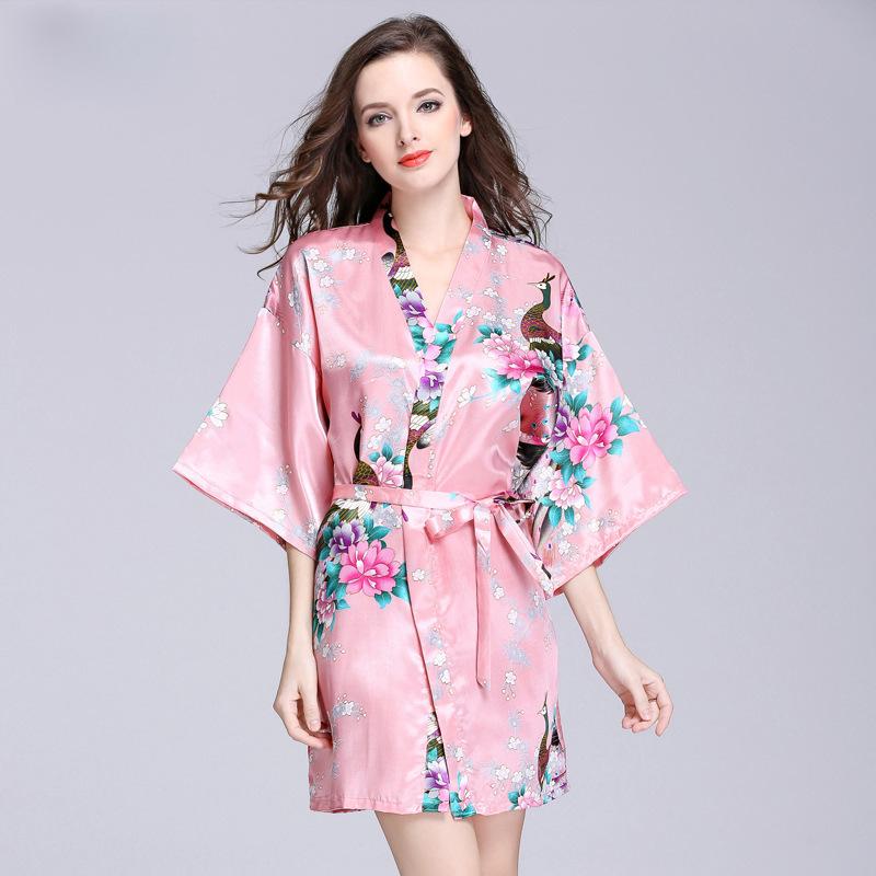 Silk Nightgown Women'S Summer Mid Sleeve Peacock Pajamas Bathrobe Large Size Home Clothes 1