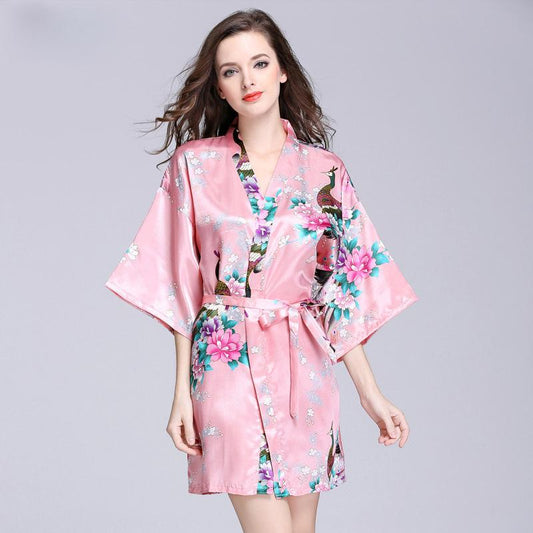Silk Nightgown Women'S Summer Mid Sleeve Peacock Pajamas Bathrobe Large Size Home Clothes 1