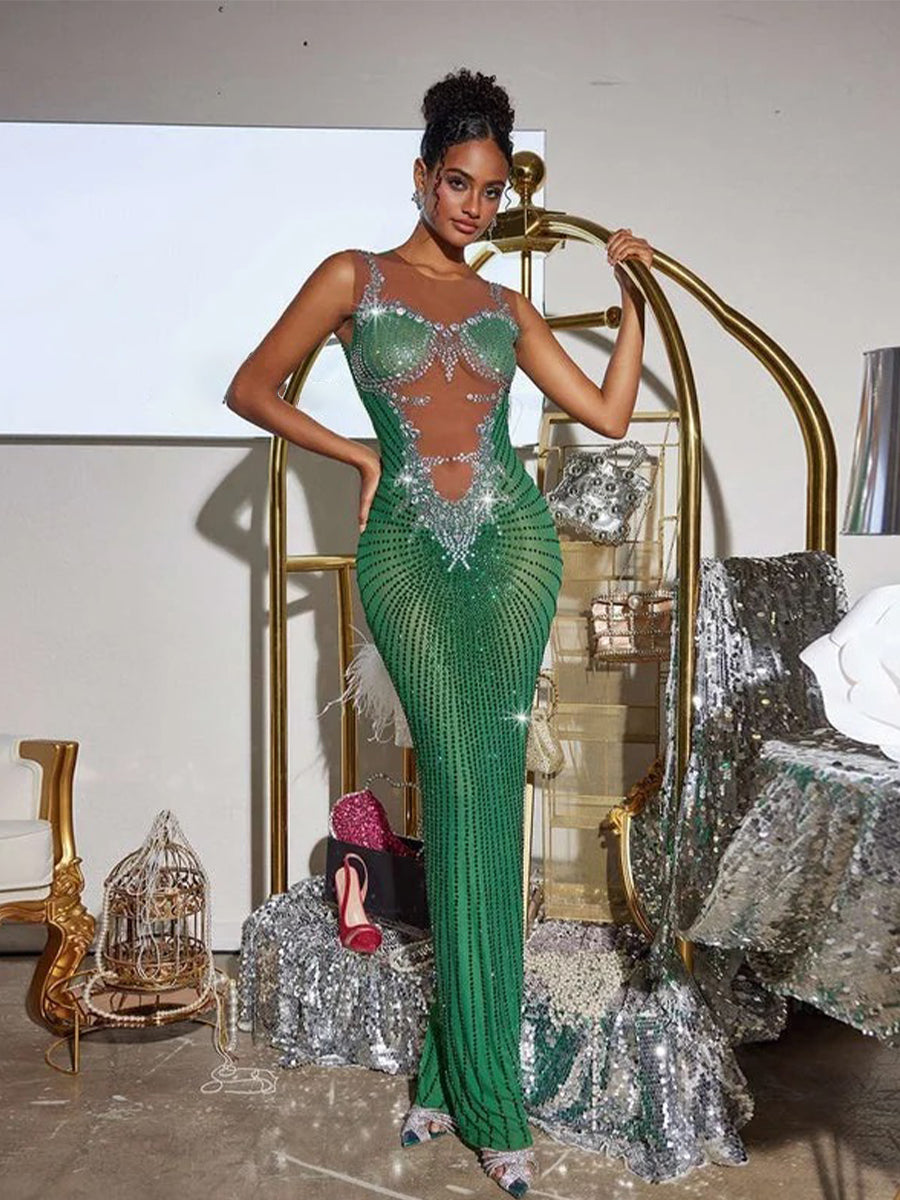 Brody Printed Rhinestone Split Maxi Dress In Green