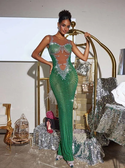 Brody Printed Rhinestone Split Maxi Dress In Green
