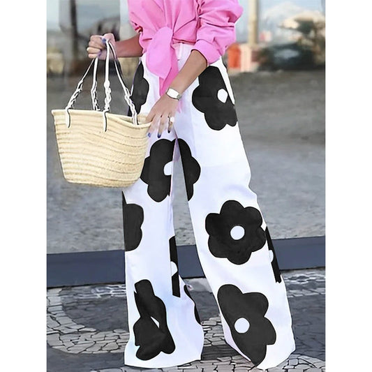 Loose Wide Leg Contrast Color Floral Printed Casual Pants Bottoms