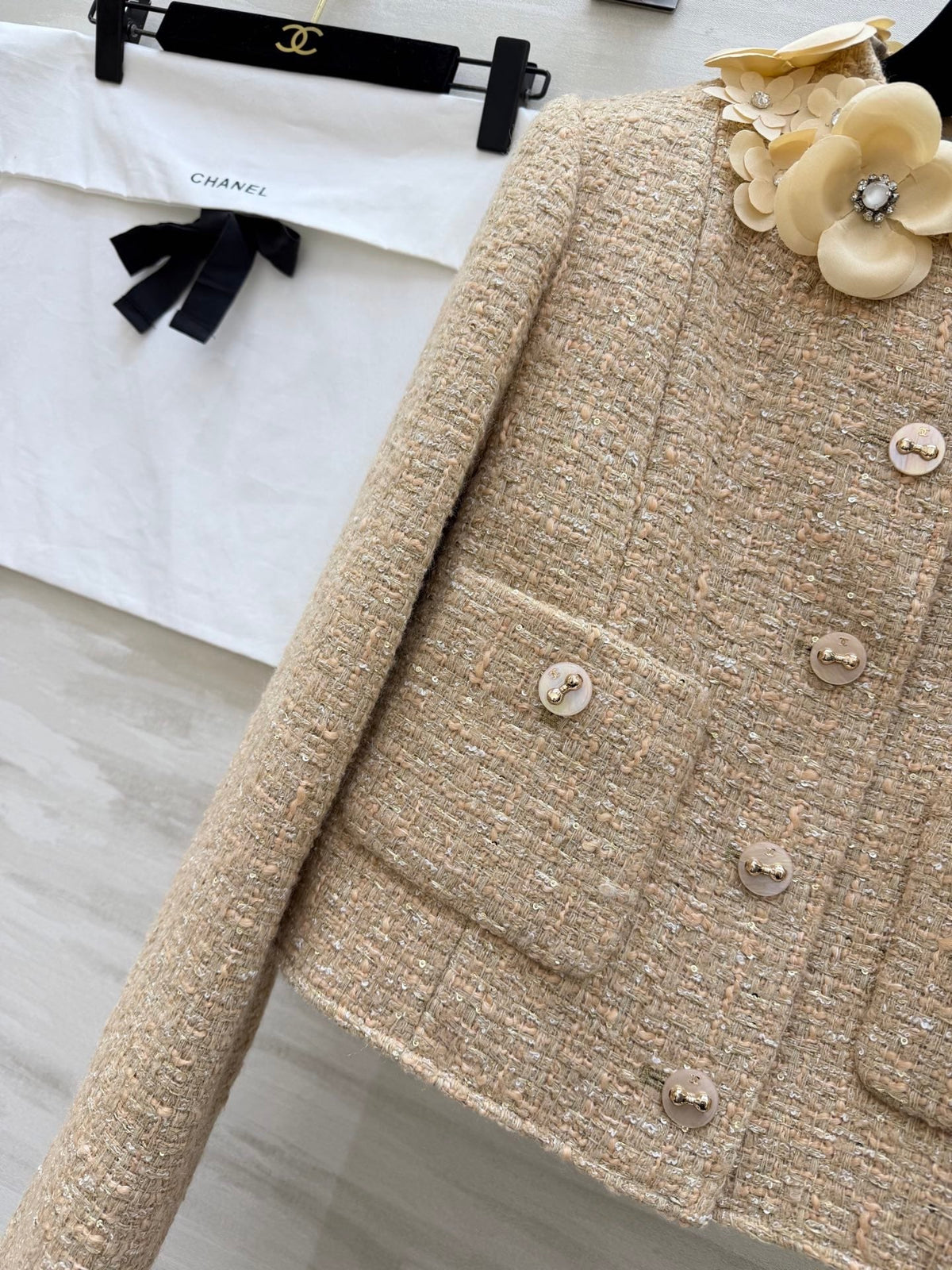 CC 26s Coat 3D Floral Embellished Beige Wool Blend Tweed