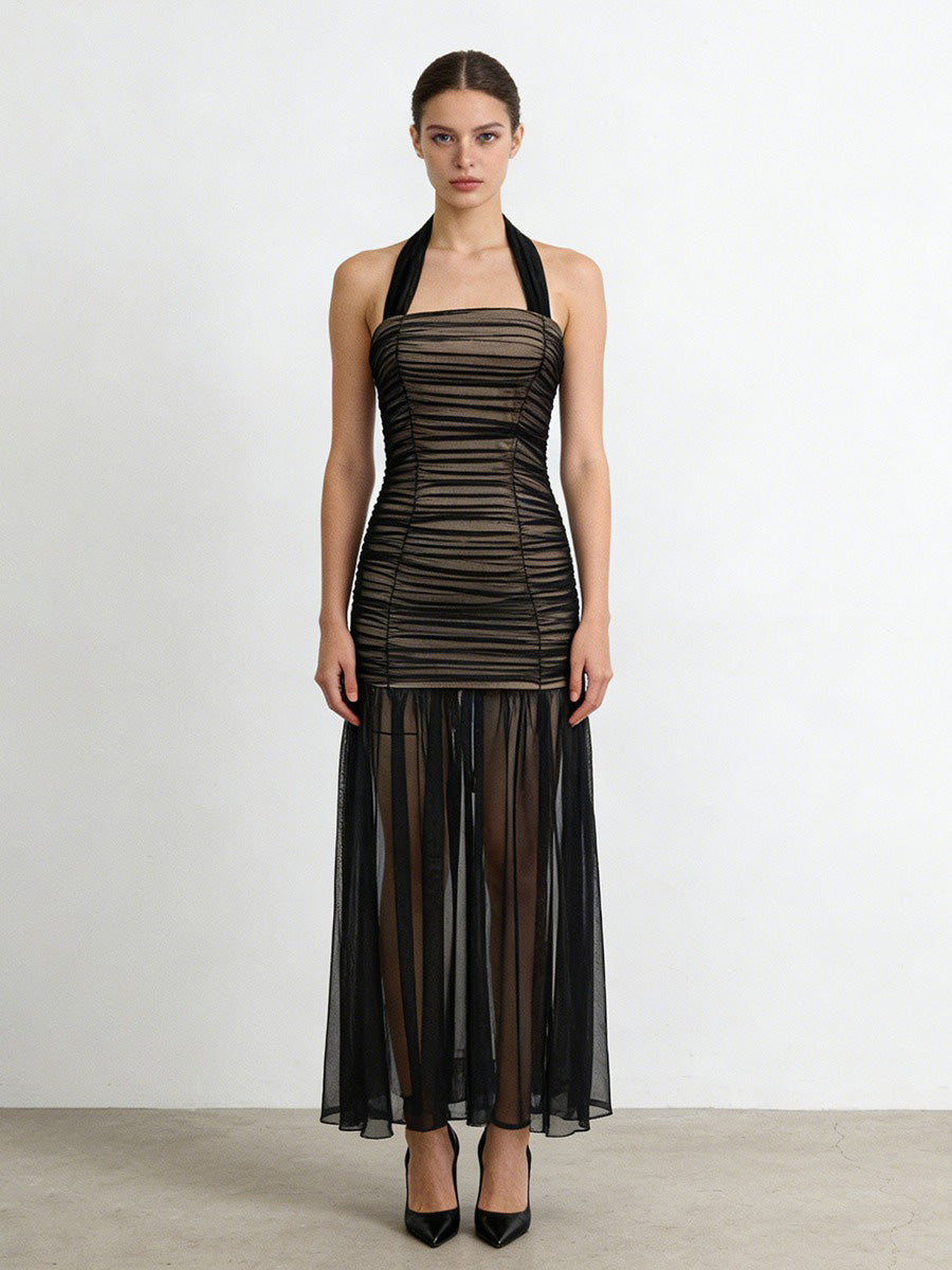 Audrey Sleeveless Pleated Mesh Maxi Dress