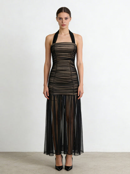 Audrey Sleeveless Pleated Mesh Maxi Dress
