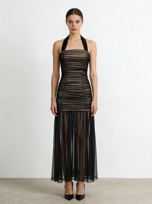 Audrey Sleeveless Pleated Mesh Maxi Dress