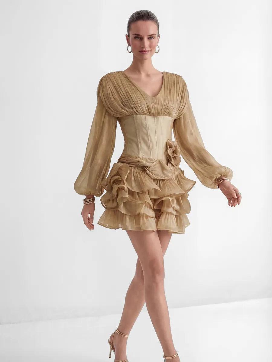 Margot Khaki Corset Bodice Ruffled Mini Dress