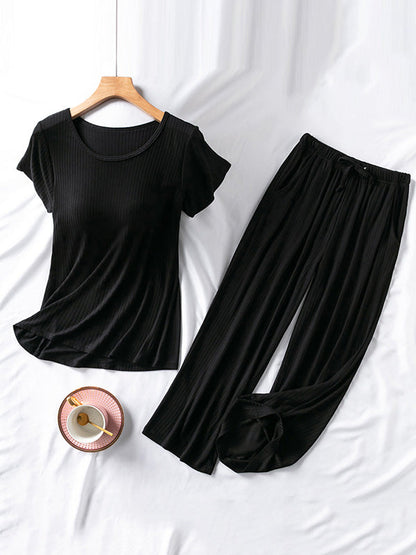 Solid Color Short Sleeve T-Shirts&Cropped Pants Pajamas Sets