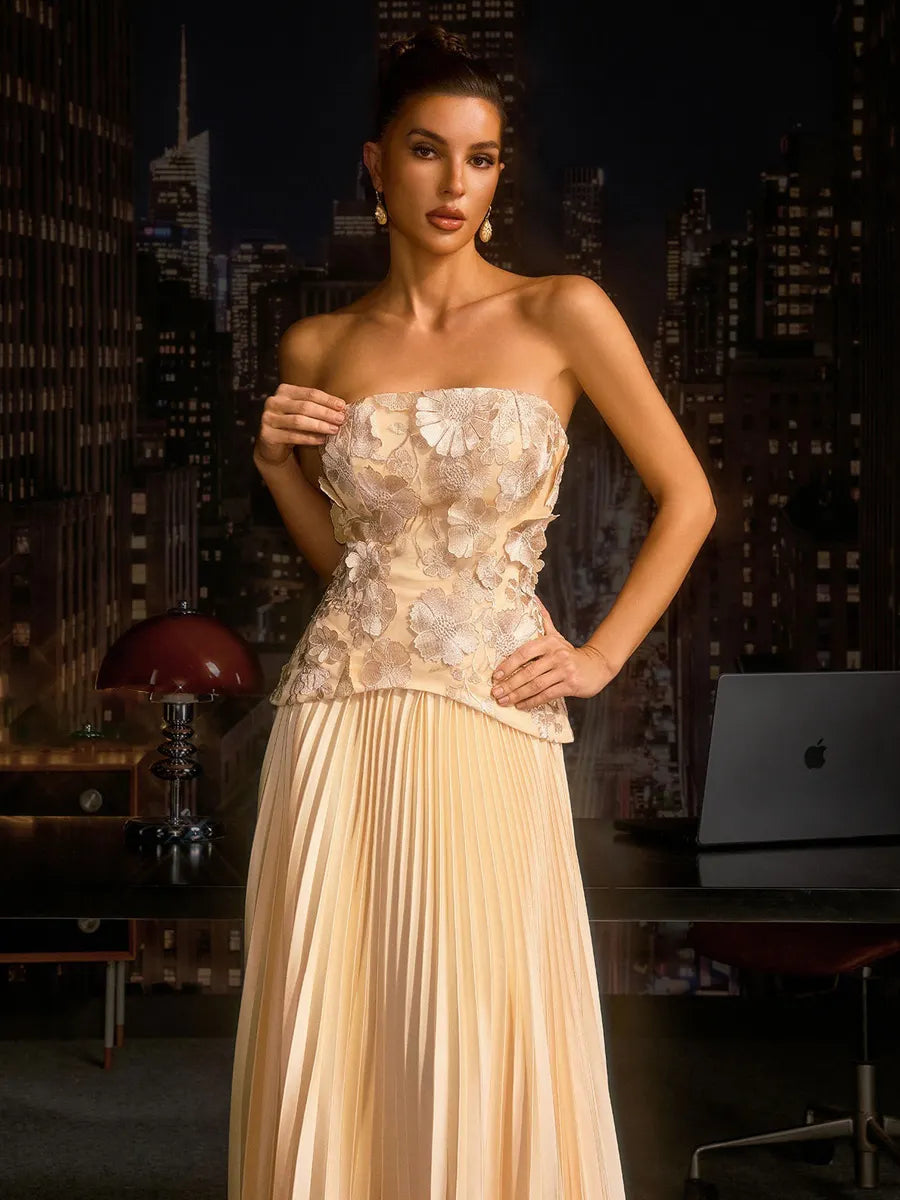 Anaya Flower Embroidered Pleated Skirt Set