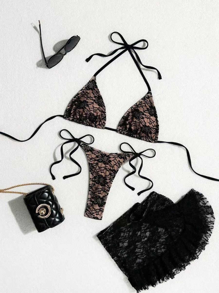 Inara Lace Tie-Up Bikini Three-Piece Set