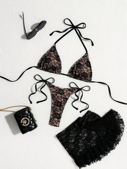 Inara Lace Tie-Up Bikini Three-Piece Set