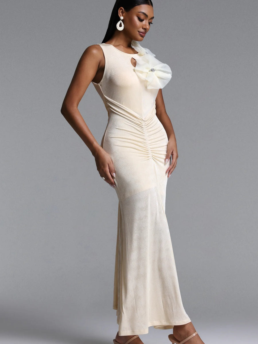 Elara Ruched Sleeveless Maxi Dress with Floral Accent