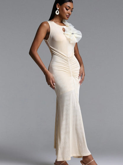Elara Ruched Sleeveless Maxi Dress with Floral Accent