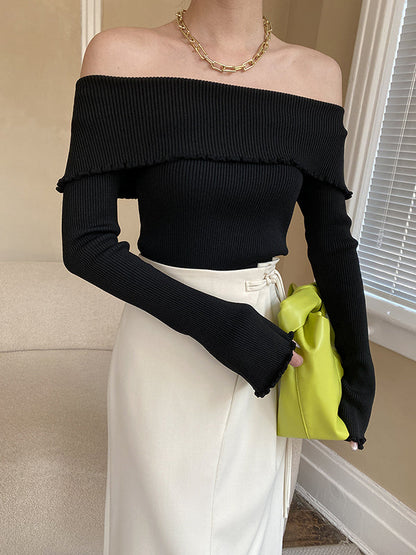 Long Sleeves Skinny Falbala Solid Color Off-The-Shoulder Sweater Tops
