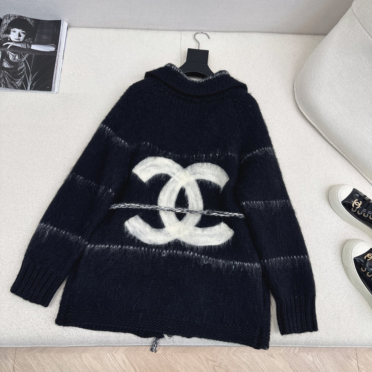 CC Mohair Wool Fluffy Black and White Belt Cardigan