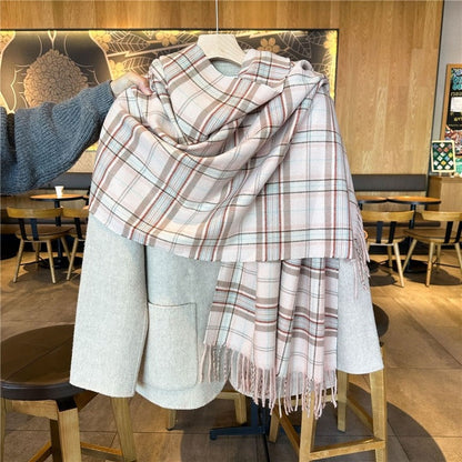 Color Block Plaid Fringe Scarf