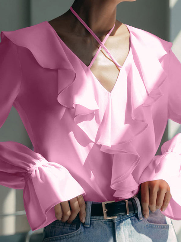 Solid Color Ruffled Flared Sleeves Long Sleeves V-Neck Blouses