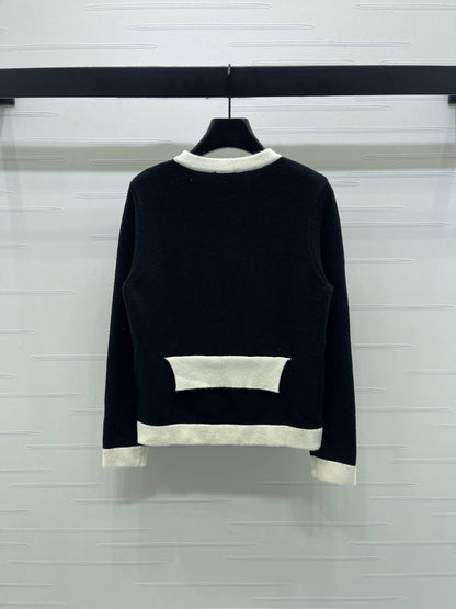 CC 25F Round-Neck Knitted Long-Sleeved Cardigan Black Wool