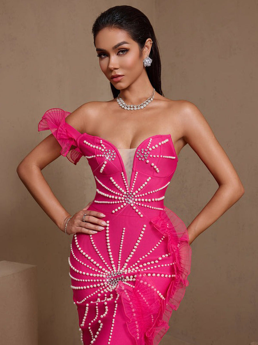 Kiana Pearl Embellished Asymmetric Bandage Maxi Dress