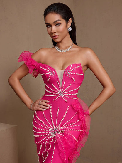 Kiana Pearl Embellished Asymmetric Bandage Maxi Dress