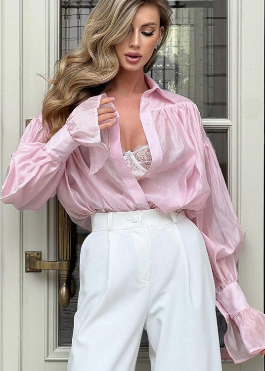 White Volume Sleeve Button Blouse Lightweight Fabric