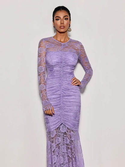 Nora Lace Ruched Mermaid Maxi Dress