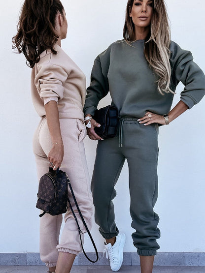 Solid Crew Neck Drawstring Sweatshirt & Pants Sport Suits