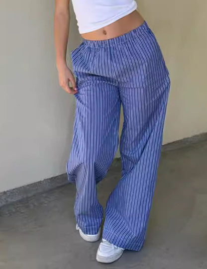 Striped Wide-Leg Elastic Waist Casual Pants