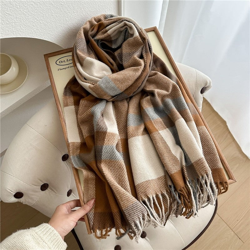Color Block Plaid Fringe Scarf