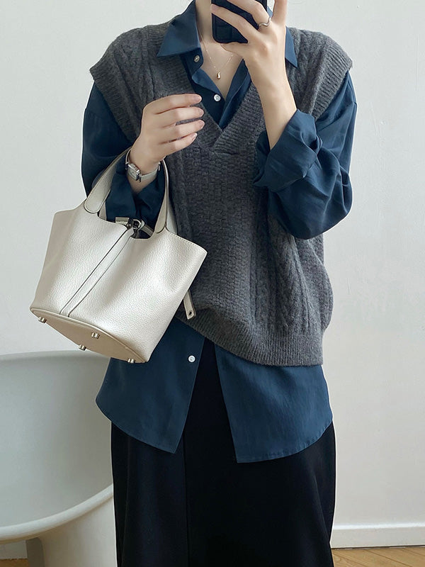 Casual Loose Sleeveless Jacquard Solid Color V-Neck Sweater Vest Outerwear
