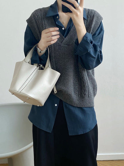 Casual Loose Sleeveless Jacquard Solid Color V-Neck Sweater Vest Outerwear